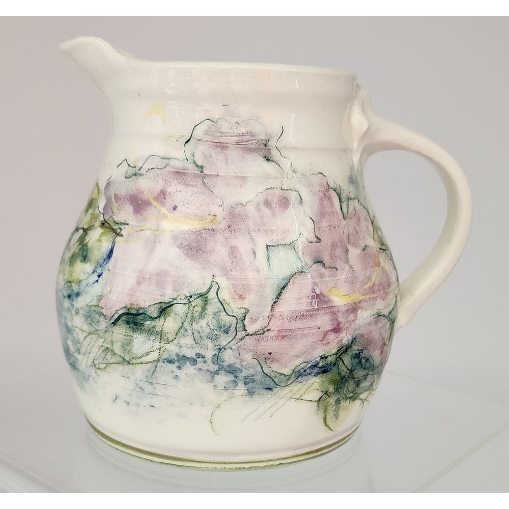 Studio Pottery Floral Pitcher Signed 1986 Cream Lavender Pink Excellent 6in